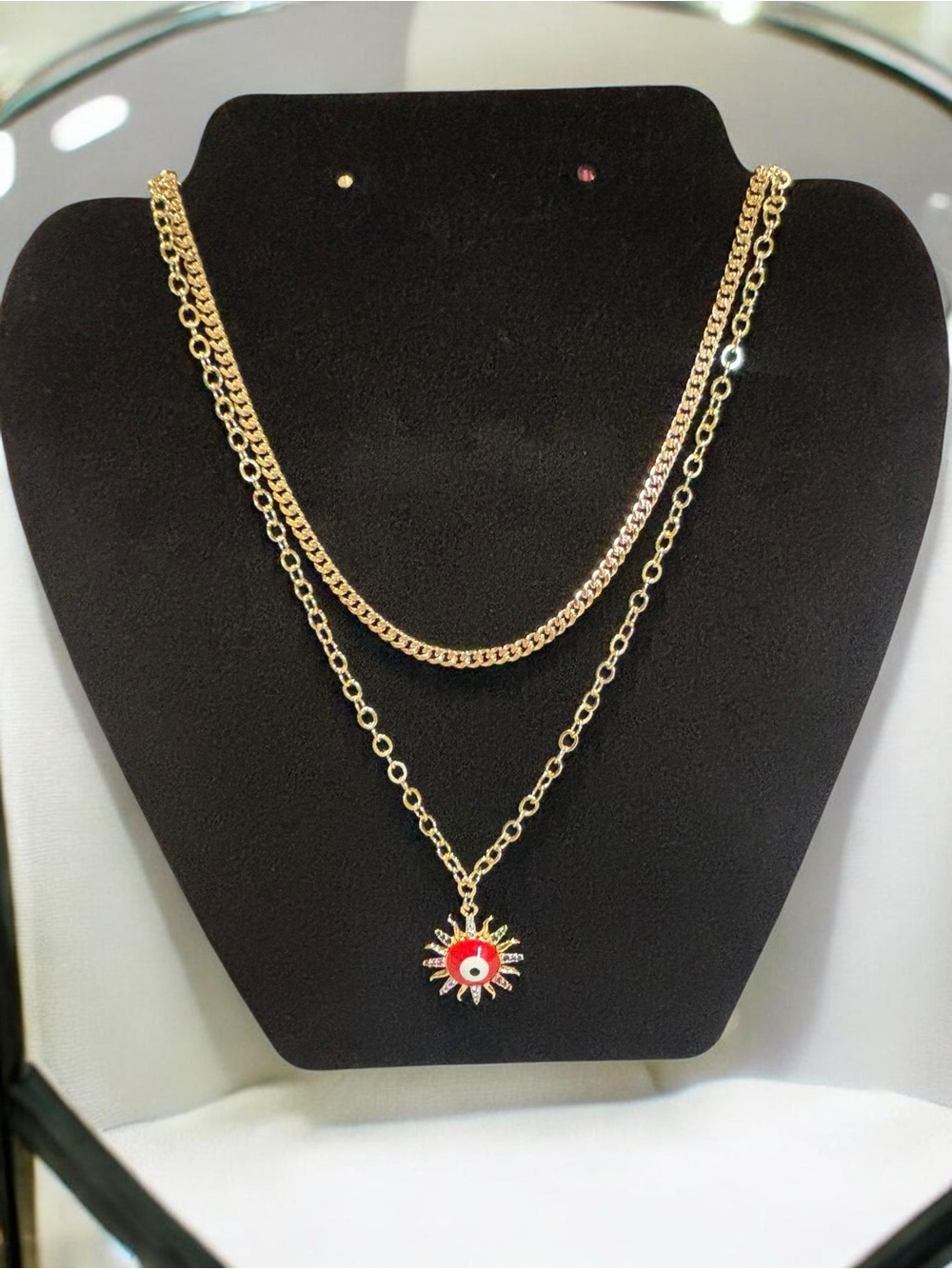 Gold Double Layered Necklace with Red Evil Eye Sun Pendant - Picture 2 of 2